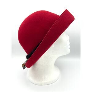 Vintage Liz Claiborne Red Wool Cloche Hat with Mink Fur Trim and Beaded Accent